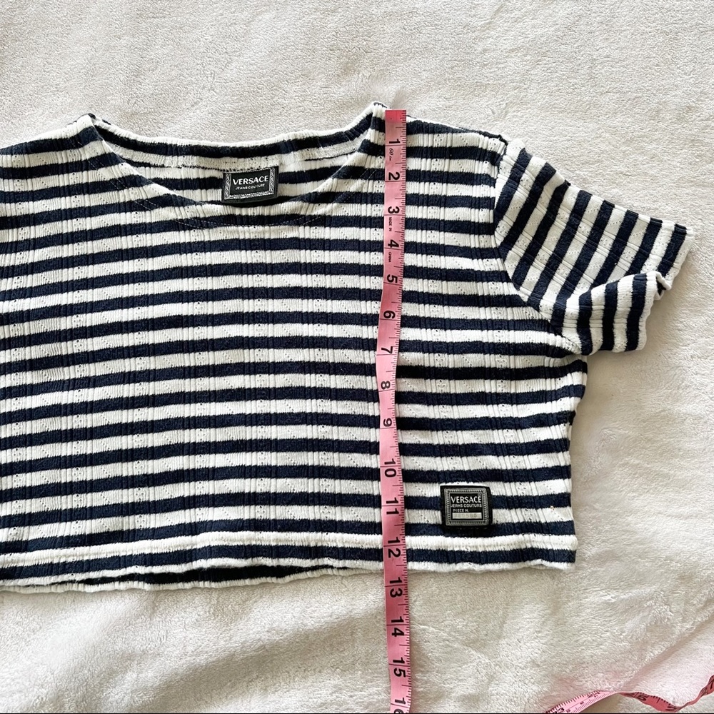 Vintage 90s Versace Jeans Couture Blue And White Striped Cotton Knit Crop Top - Picture 9 of 11